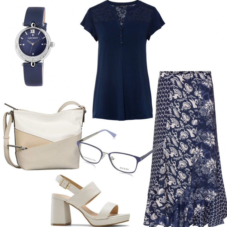 Outfit donna - In commissione d\'esame. Stile Trendy per Scuola/Università. Abbinamento con maglieria, gonne lunghe, sandali, occhiali, orologi, borse a tracolla.
