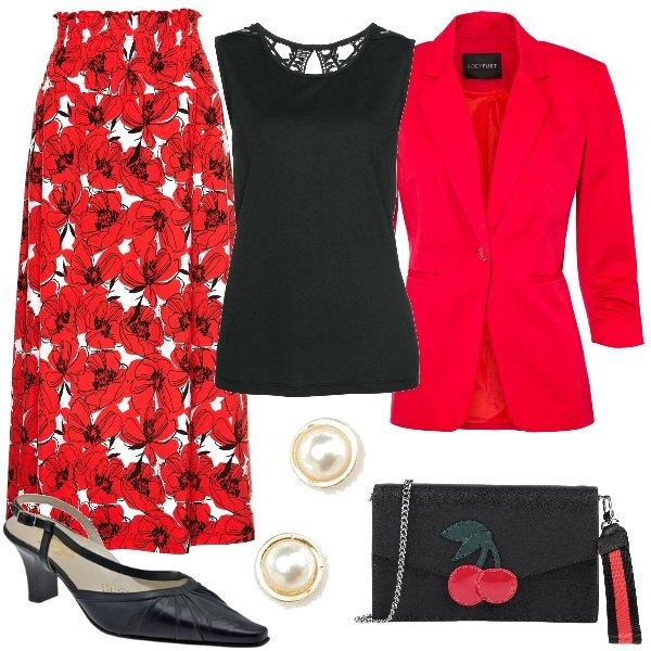 Outfit donna - Rouge et noir con le ciliegie in borsa!. Stile Bon Ton per Tutti i giorni. Abbinamento con borse a tracolla, top, gonne, blazer, décolleté, orecchini.