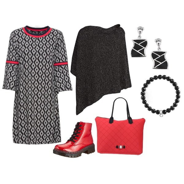Outfit donna - Curvy and proud, ufficio. Stile Basic per Ufficio. Abbinamento con vestiti, borse a mano, cappotti, stivali sopra il ginocchio, braccialetti, orecchini.