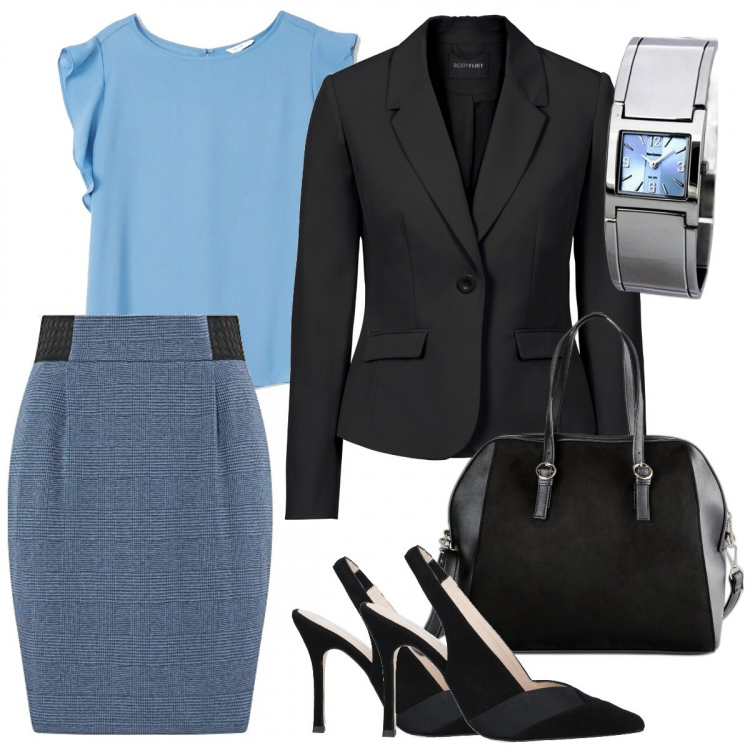 Outfit donna - Monday Style - Donne con le gonne. Stile Chic per Ufficio. Abbinamento con décolleté, blazer, borse a mano, bluse, gonne, orologi.
