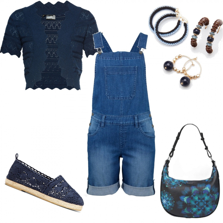 Outfit donna - Salopette e pizzi. Stile Etnico per Serata fuori. Abbinamento con blazer, espadrillas, salopette, borse a mano, orecchini.