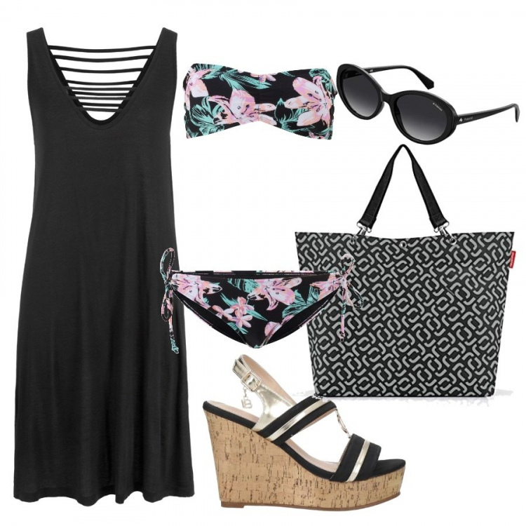 Outfit donna - Tutti al mare. Stile Basic per Mare. Abbinamento con vestiti da spiaggia, bikini, sandali col tacco, shopping bag, occhiali da sole.