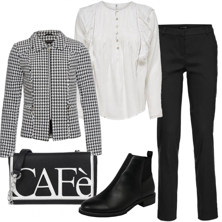 Outfit donna - Trendy #33676. Stile Trendy per Ufficio. Abbinamento con pantaloni, blazer, borse a tracolla, camicie, stivaletti chelsea.