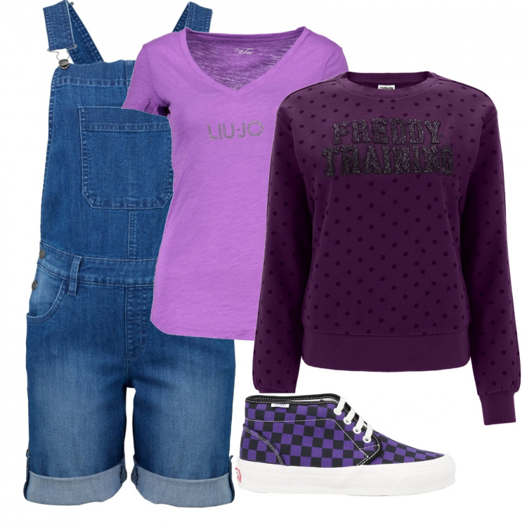 Outfit donna - Salopette corta. Stile Urban per Tutti i giorni. Abbinamento con felpe, sneakers, t-shirt, salopette.
