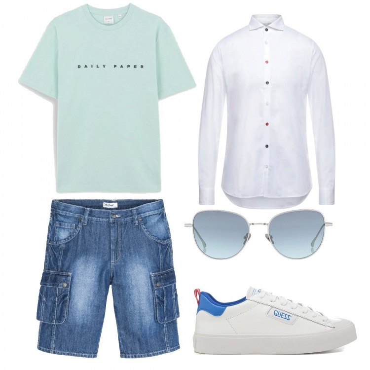 Outfit uomo - Total look colori chiari. Stile Casual per Tutti i giorni. Abbinamento con bermuda, camicie, occhiali da sole, sneakers, t-shirt.