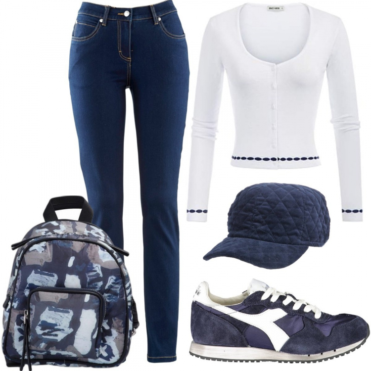 Outfit donna - A scuola. Stile Trendy per Scuola/Università. Abbinamento con jeans dritti, zaini, sneakers, cardigans, cappelli con visiera.