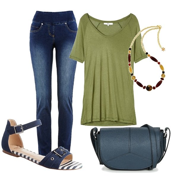 Outfit donna - Basic #7964. Stile Basic per Tutti i giorni. Abbinamento con jeans, borsa a tracolla blu, t-shirt con scollo a maniche corte verde e oliva, sandali con cinturino blu, collana oro.