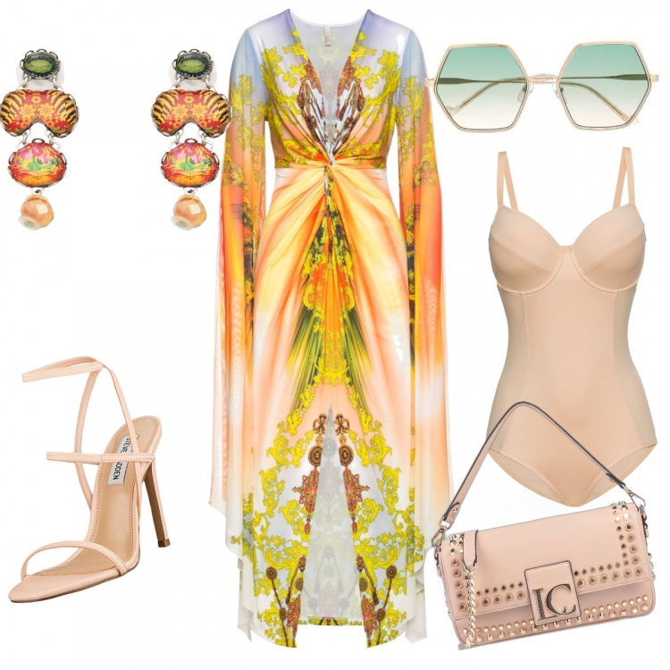 Outfit donna - Nirvana. Stile Etnico per Cerimonia. Abbinamento con body, vestiti lunghi, borse a mano, orecchini, occhiali da sole, sandali col tacco.