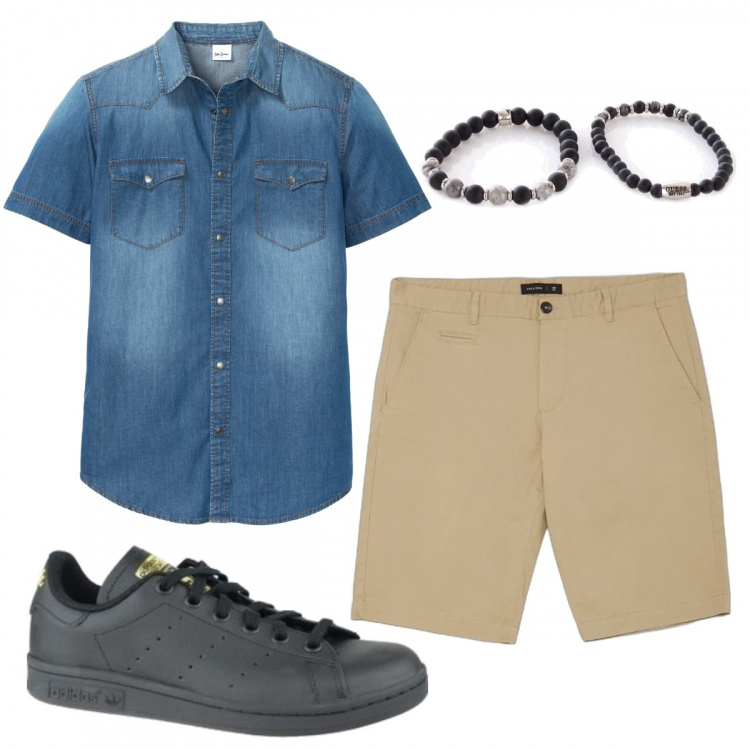 Outfit uomo - Camicia in jeans. Stile Trendy per Tutti i giorni. Abbinamento con camicie a manica corta, sneakers, braccialetti, bermuda.