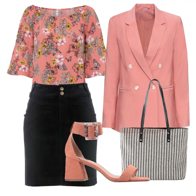 Outfit donna - Monday peach. Stile Urban per Ufficio. Abbinamento con gonne lunghe, bluse, blazer, shopping bag, sandali col tacco.