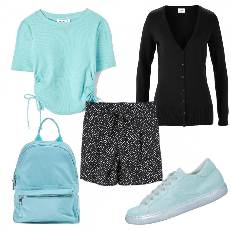 Outfit donna - La t-shirt più trendy. Stile Trendy per Tutti i giorni. Abbinamento con cardigans, sneakers, t-shirt, shorts, zaini.