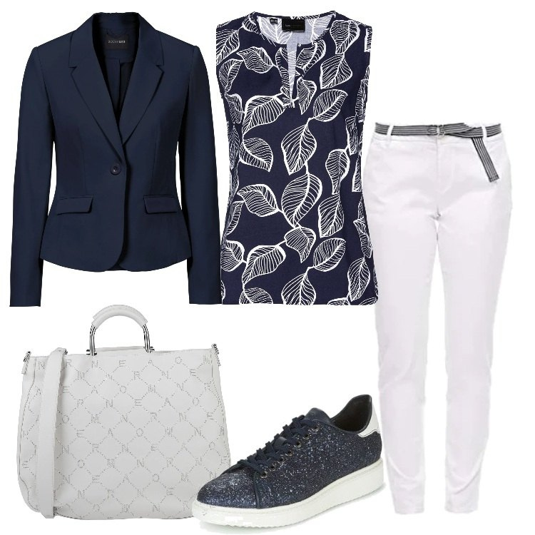 Outfit donna - Basic con gusto in ufficio. Stile Basic per Ufficio. Abbinamento con blazer, top, borse a mano, sneakers, pantaloni.