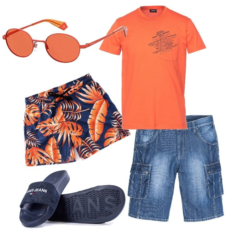 Outfit uomo - Vista mare. Stile Casual per Mare. Abbinamento con bermuda, t-shirt, sandali, costumi, occhiali da sole.
