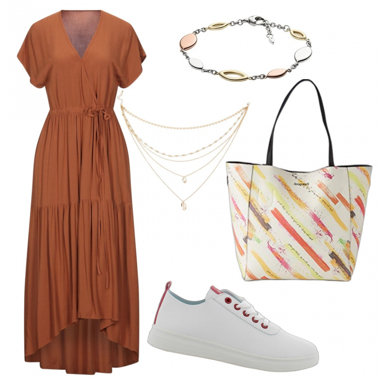 Outfit donna - Voglia d\'estate. Stile Basic per Tutti i giorni. Abbinamento con vestiti midi/longuette, collane, sneakers, shopping bag, braccialetti.