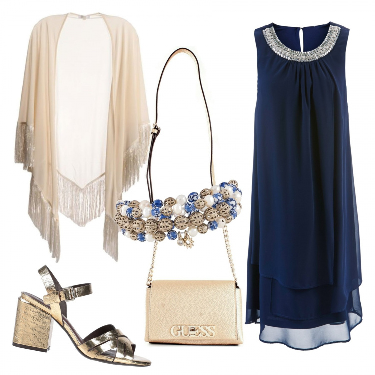 Outfit donna - Invito a nozze sotto sera. Stile Chic per Cerimonia. Abbinamento con vestiti, scialli, sandali col tacco, braccialetti, borse a tracolla.