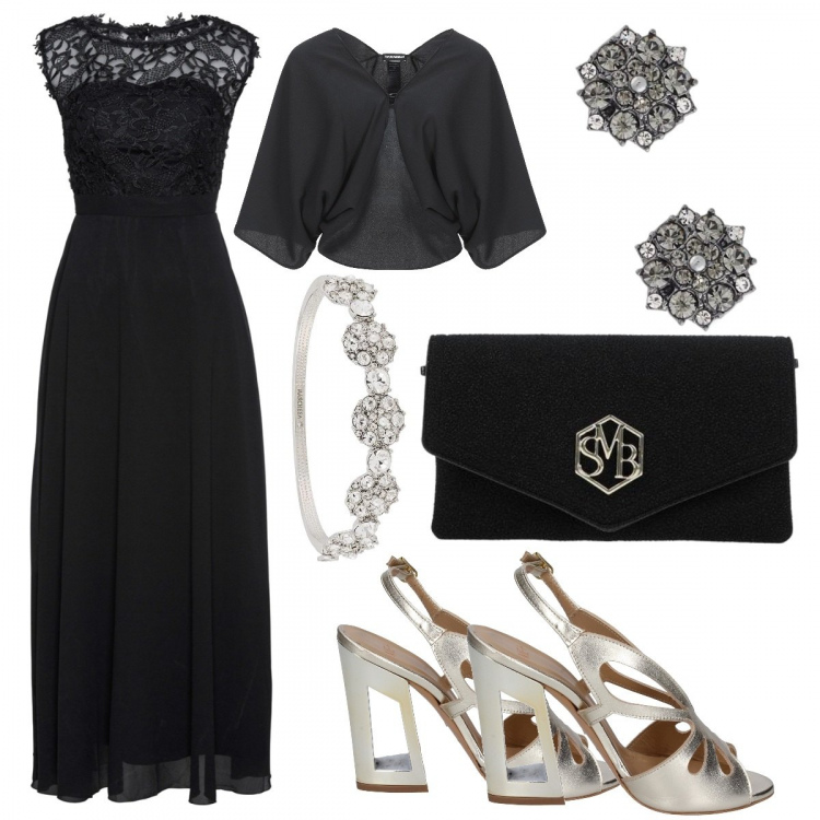 Outfit donna - Invitata a nozze tardo pomeriggio/sera. Stile Chic per Cerimonia. Abbinamento con vestiti lunghi, bolero, borse a mano, sandali, orecchini, braccialetti.