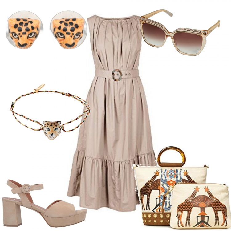Outfit donna - Ufficio con un tocco di safari. Stile Trendy per Ufficio. Abbinamento con sandali col tacco, orecchini, braccialetti, vestiti midi/longuette, occhiali da sole, borse a mano.