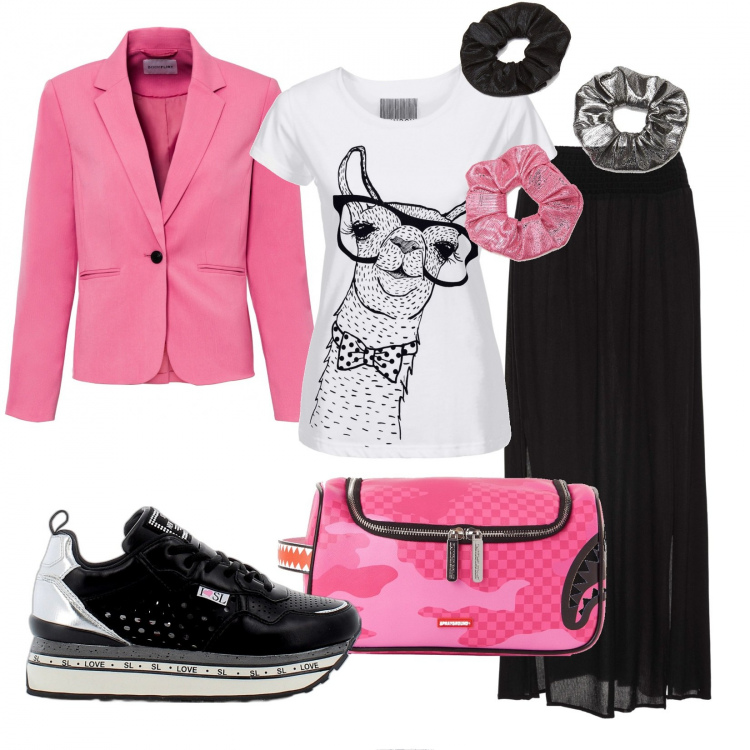 Outfit donna - Curvy in ufficio - stile libero funny. Stile Urban per Ufficio. Abbinamento con gonne lunghe, t-shirt, blazer, pochette, accessori per capelli, sneakers.