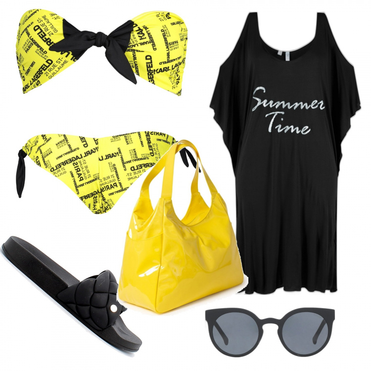 Outfit donna - In barca con le amiche. Stile Basic per Mare. Abbinamento con vestiti da spiaggia, occhiali da sole, shopping bag, infradito, costumi, costumi.
