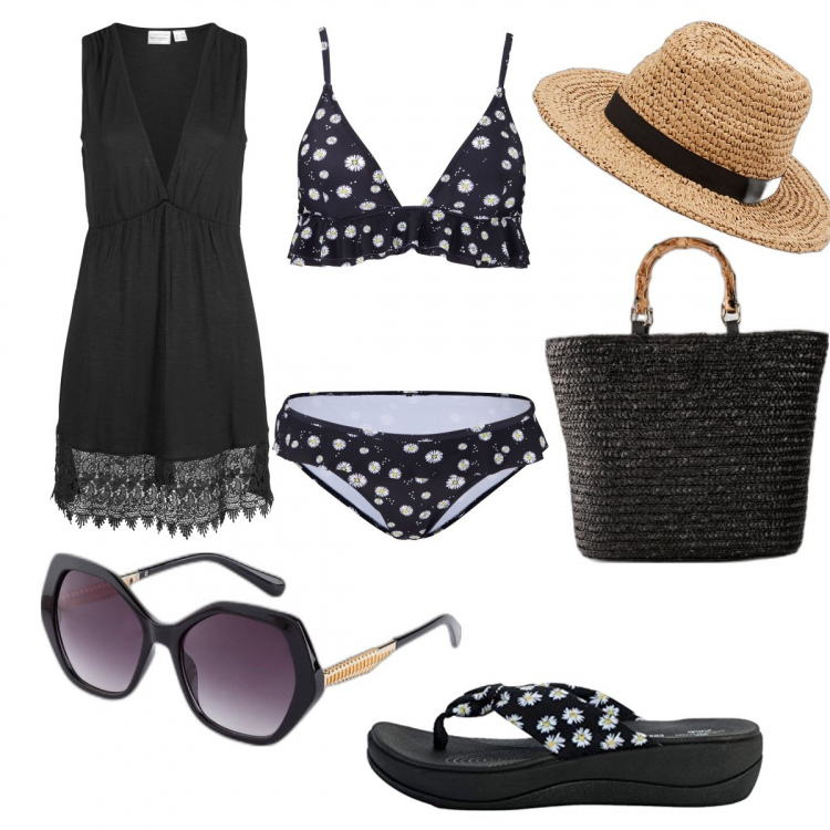 Outfit donna - Chic #15943. Stile Chic per Mare. Abbinamento con vestiti da spiaggia, bikini, maglieria, occhiali da sole, cappelli, infradito.