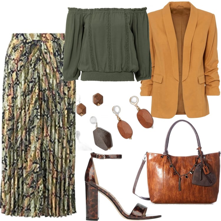 Outfit donna - Safari chic. Stile Etnico per Ufficio. Abbinamento con sandali col tacco, giacche, bluse, orecchini, gonne longuette, zaini.