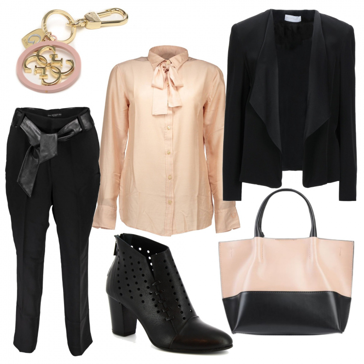 Outfit donna - Saldi di maggio. Stile Trendy per Tutti i giorni. Abbinamento con borse a mano, blazer, stivaletti, portachiavi, camicie, pantaloni.
