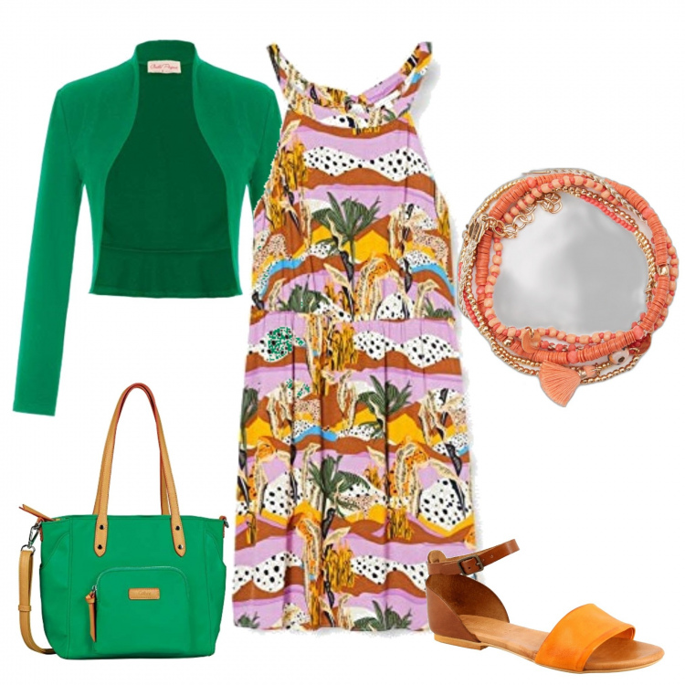 Outfit donna - Abito safari. Stile Etnico per Ufficio. Abbinamento con sandali, braccialetti, vestiti, bolero, shopping bag.