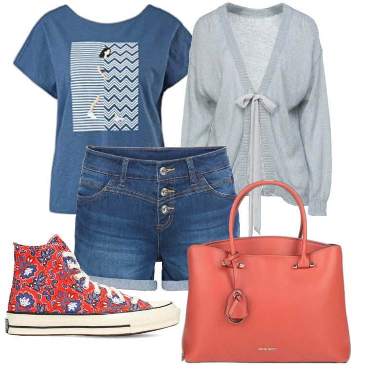 Outfit donna - Converse lovers. Stile Trendy per Scuola/Università. Abbinamento con shorts, borse a mano, cardigans, t-shirt, sneakers.