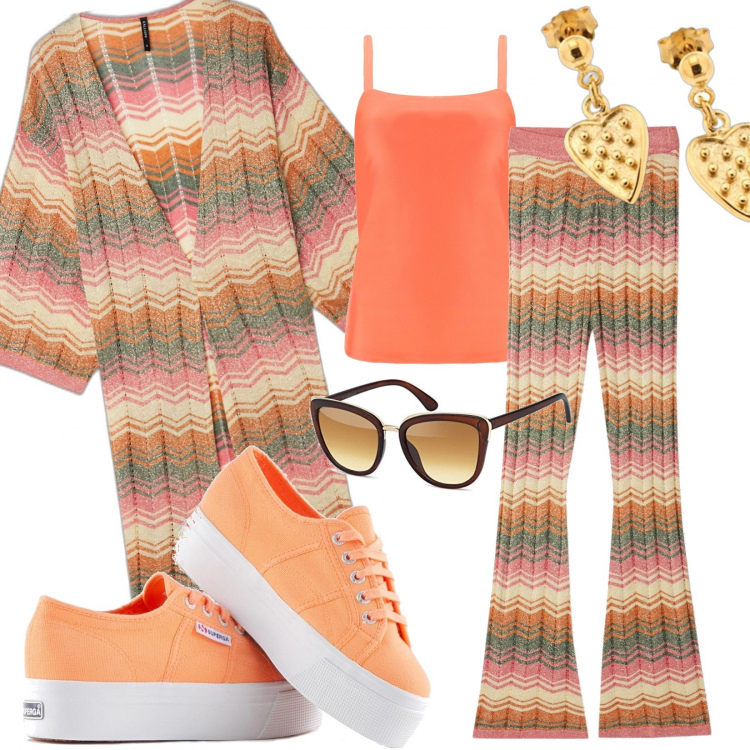 Outfit donna - Sabato pomeriggio. Stile Trendy per Tutti i giorni. Abbinamento con sneakers alte, pantaloni, camicie, canottiere, occhiali da sole, orecchini.