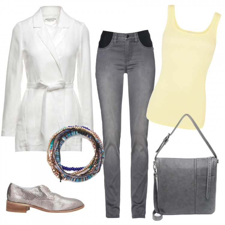 Outfit donna - Giornata impegnativa. Stile Chic per Ufficio. Abbinamento con jeans, scarpe stringate, blazer, braccialetti, canottiere, borse a tracolla.