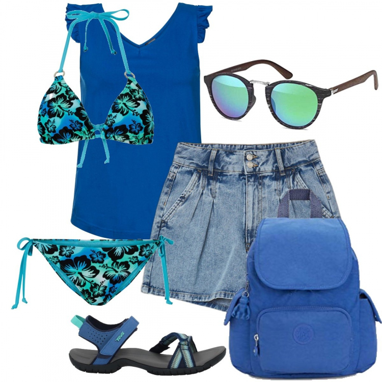 Outfit donna - Un po di trekking al mare. Stile Basic per Mare. Abbinamento con top, bikini, sandali, shorts, zaini, occhiali da sole.