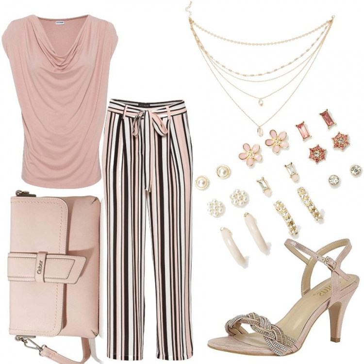 Outfit donna - Cerimonia con i pantaloni. Stile Chic per Cerimonia. Abbinamento con maglieria, pantaloni capri, orecchini, collane, scarpe col tacco, borse a tracolla.