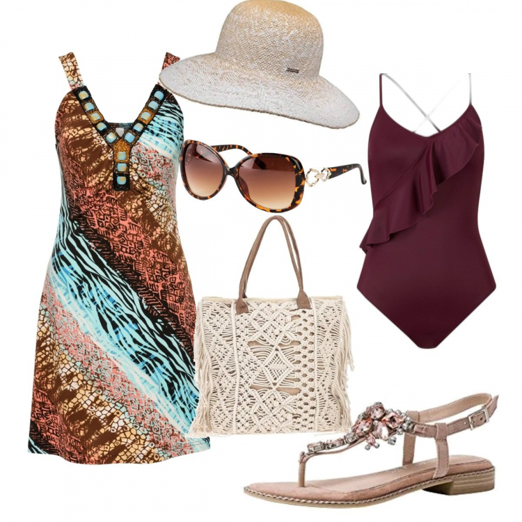 Outfit donna - I colori dell\'estate. Stile Trendy per Mare. Abbinamento con vestiti, costumi interi, occhiali da sole, borse a mano, sandali col tacco, cappelli.