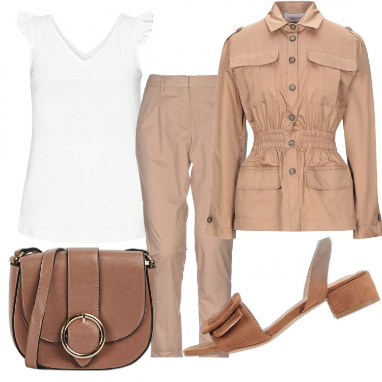 Outfit donna - Safari mood. Stile Basic per Ufficio. Abbinamento con top, sandali in pelle, giacche, pantaloni, borse a tracolla.