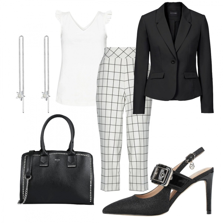 Outfit donna - Total look #1074432. Stile Trendy per Ufficio. Abbinamento con top, blazer, décolleté, pantaloni, borse a mano, orecchini.