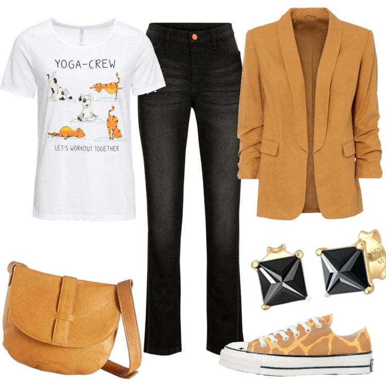 Outfit donna - A spasso con Garfield. Stile Basic per Tutti i giorni. Abbinamento con sneakers, giacche, t-shirt, gilet, borse a tracolla, orecchini.