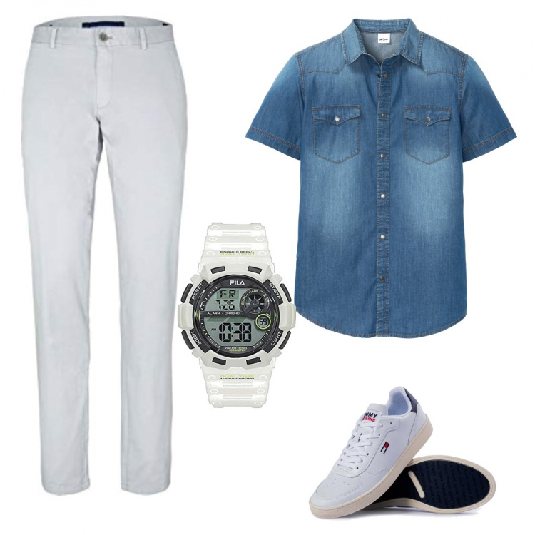 Outfit uomo - La camicia in jeans maniche corte. Stile Casual per Tutti i giorni. Abbinamento con camicie a manica corta, sneakers, jeans dritti, orologi digitali.