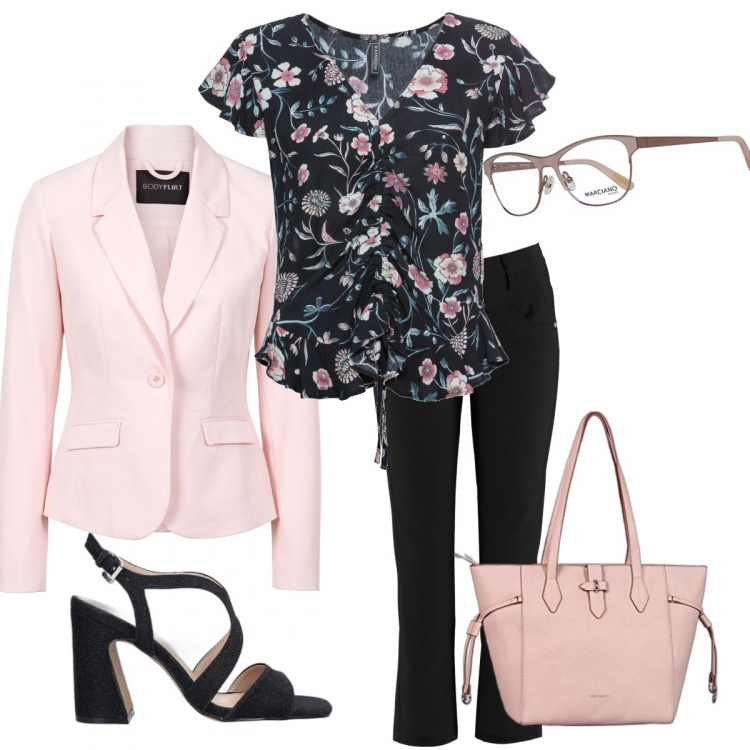 Outfit donna - In ufficio comfychic. Stile Urban per Ufficio. Abbinamento con blazer, pantaloni, bluse, sandali in pelle, shopping bag, occhiali.
