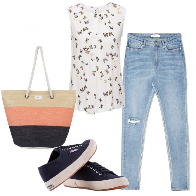 Outfit donna - Basic #24261. Stile Basic per Tutti i giorni. Abbinamento con top, borse a spalla, sneakers, jeans strappati.