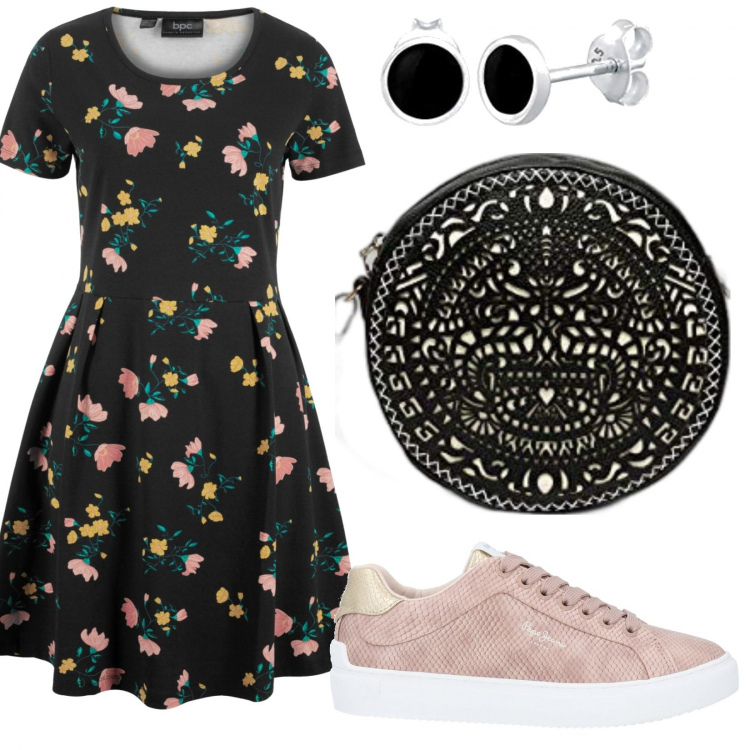 Outfit donna - Trendy #33436. Stile Trendy per Tutti i giorni. Abbinamento con vestiti, sneakers, borse a tracolla, orecchini.