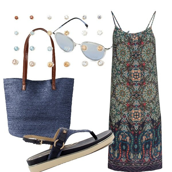 Outfit donna - Etnico in estate. Stile Etnico per Mare. Abbinamento con vestiti, shopping bag, orecchini, sandali in pelle, occhiali da sole.