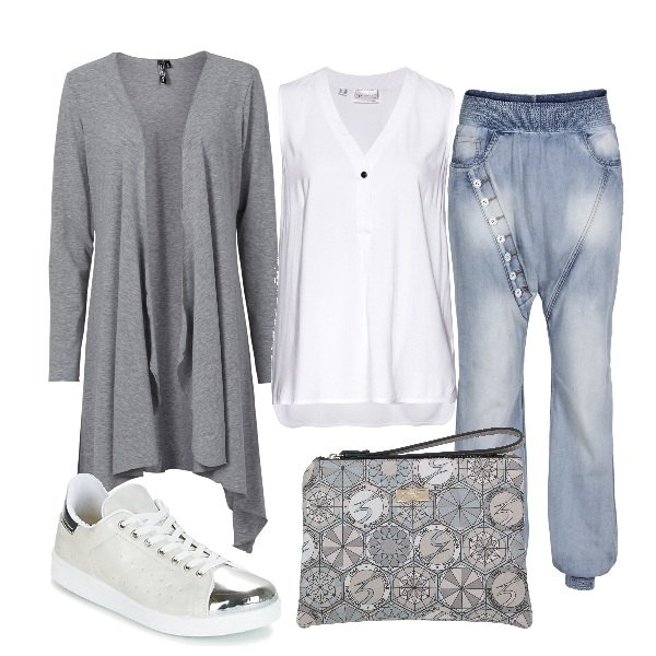 Outfit donna - Primavera week al lago. Stile Trendy per Tutti i giorni. Abbinamento con borse a mano, cardigans, jeans, top, sneakers.