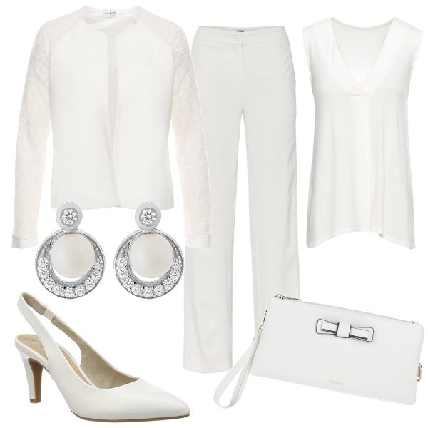 Outfit donna - Il Bianco che incanta. Stile Chic per Serata fuori. Abbinamento con top, pantaloni, blazer, borse a mano, sandali, orecchini.