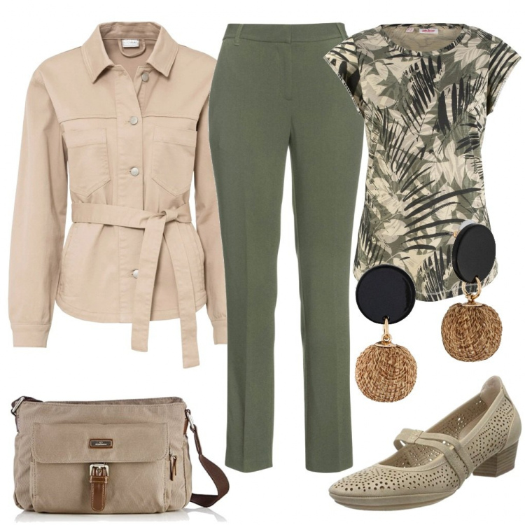 Outfit donna - I colori della giungla. Stile Basic per Ufficio. Abbinamento con maglieria, orecchini, pantaloni, giacche, scarpe col tacco, borse a tracolla.