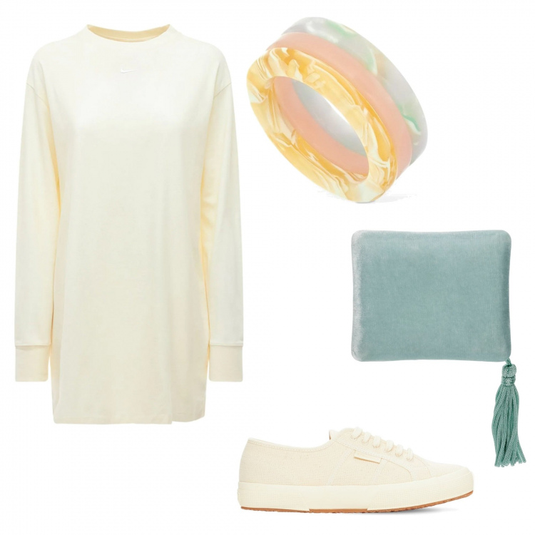 Outfit donna - L\'abito burro. Stile Basic per Tutti i giorni. Abbinamento con anelli, vestiti, sneakers, pochette.