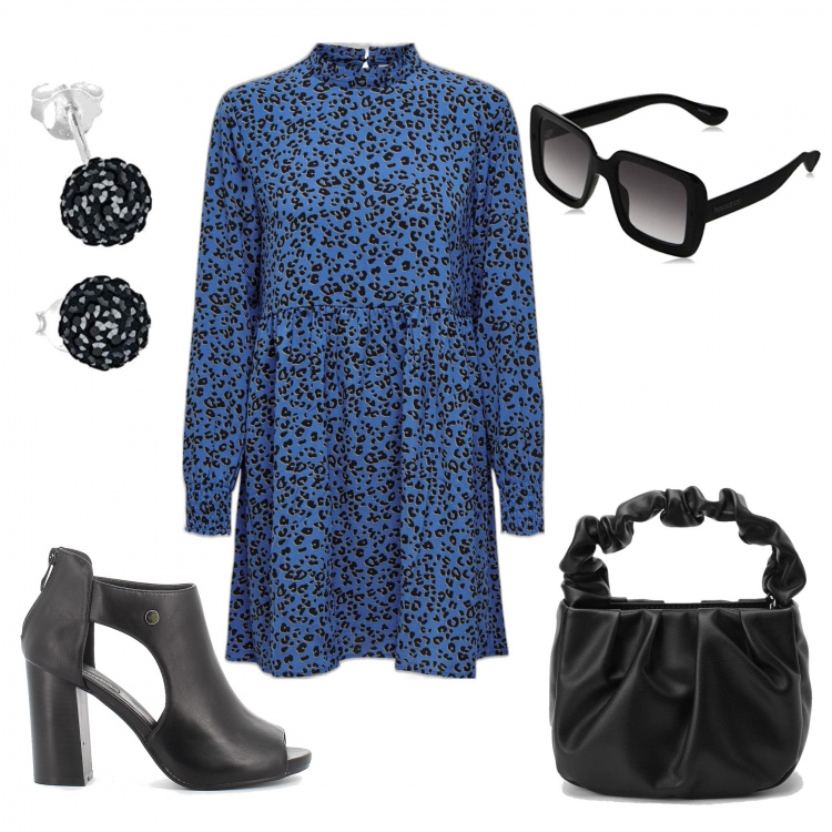 Outfit donna - La scarpa aperta. Stile Trendy per Tutti i giorni. Abbinamento con vestiti corti, borse a mano, sandali in pelle, orecchini, occhiali da sole.