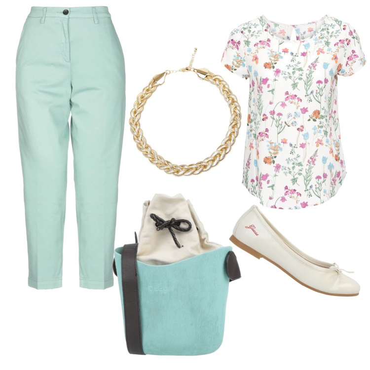 Outfit donna - Color pastello. Stile Bon Ton per Ufficio. Abbinamento con bluse, pantaloni, borse a tracolla, ballerine, collane.