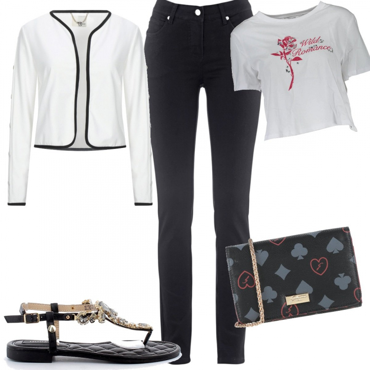 Outfit donna - Nel pomeriggio. Stile Basic per Tutti i giorni. look ideale per Tall. Abbinamento con jeans dritti, blazer, borse a tracolla, sandali in pelle, t-shirt.