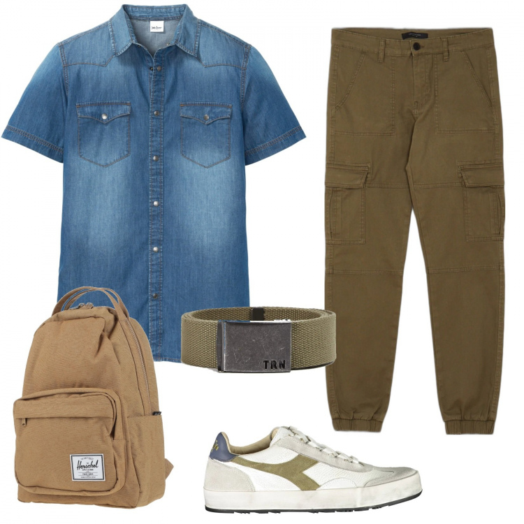 Outfit uomo - Zaino in spalla. Stile Casual per Tutti i giorni. Abbinamento con borse sportive, camicie a manica corta, cinture, pantaloni cargo, sneakers.
