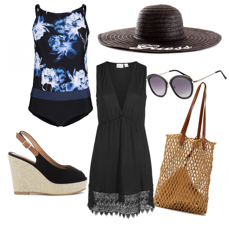 Outfit donna - Al mare come una diva. Stile Casual chic per Mare. Abbinamento con vestiti da spiaggia, costumi interi, occhiali da sole, pochette, zeppe, cappelli.